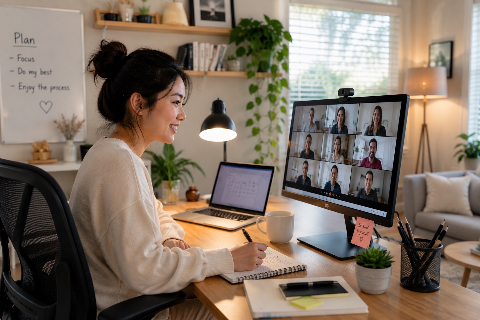 Professional working from home setup with online meeting